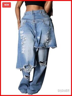 Wide Leg Distressed Ripped Jeans with Patchwork Raw Hem High Rise Baggy Denim